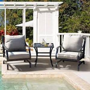 lot 38 image: Black 3-Piece Metal Outdoor Patio Conversation Furniture Set Bistro Set 2 Chairs with Grey Cushion and Coffee Table Customer Returns See Pictures