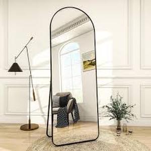 lot 46 image: XRAMFY 23 in. W x 65 in. H Arched Black Metal Framed Decorative Full Length Mirror Floor Mirror  Customer Returns See Pictures