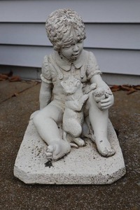 lot 39 image: Lawn and Garden Concrete Statue 1985 Henri Studio Inc. 1860 Boy Child Cat Figure