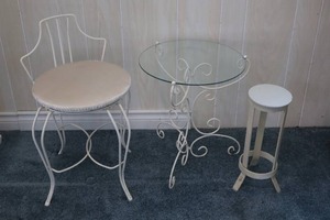 lot 55 image: (3) Vintage Country French-Style Accent Furniture Bistro Table Vanity Chair Plant Stand...
