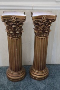 lot 56 image: (2) Vintage Greco Roman Brushed Gold Bronze-Style Plaster Pillar Column Plant Stands...