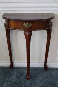 lot 58 image: Queen Anne-Style Demi Lune Wood Console Occasional Half Wall Table...
