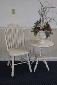 lot 61 image: Country French-Style Beautiful Hand-Painted Rose-Mauling Accent Furniture Pedestal Table and Chair wCustom Floral Arrangement...