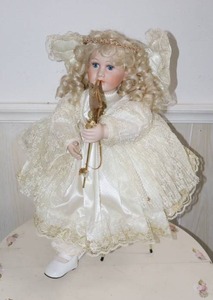 lot 62 image: Vintage Animated Porcelain Angel Christmas Motionette Shelf Sitting Doll wChair Decor...
