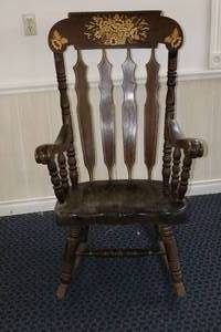 lot 65 image: 1980s Windsor-Style Wood Rocking Chair Yugoslavian 111 77 Hand-Painted Stencil Sugar Bush