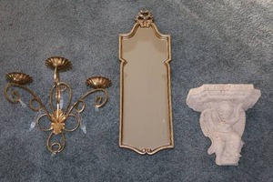 lot 70 image: Wall Decor Vintage Mirror, Candelabra Wall Sconce wGlass Crystal Gems, Ceramic Cherub Shelf