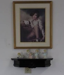 lot 64A image: (5) Angel Cherub 4-Inch Enesco 1997 Figurines By Claudia Stenwig-Olsen, Boy Bunny Framed Art wWall Shelf