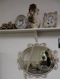 lot 79 image: 7-Foot Wood Shelf, Oval Mirror, Glass Frames, Vase Etc.