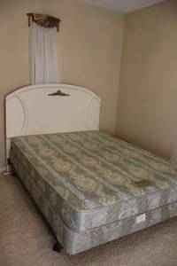 lot 5 image: Sealy Posturepedic Premier Queen Mattress Box Spring Set wVictorian-Style Wood wBrass Emblem Headboard Wall Sconce Shelf wSheer