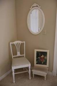 lot 11 image: Vintage Victorian Home Decor Accent Chair w Matching Storage Stool, Framed Wall Mirror, Matte Print The Red Boy
