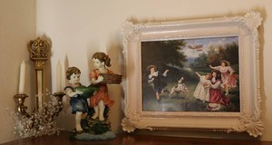 lot 16 image: Vintage Victorian Home Accents Decor, Children Playing Framed Wall Art, Statue, Wall Mount Candle Sconce