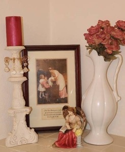 lot 81 image: Vintage Victorian Home Decor Framed Gift of Life Wall Art, Vase, Ceramic wGlass Chimes Candle Pedestal, Angel Figurine