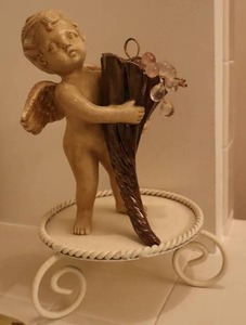 lot 84 image: Victorian Home Decor Cupid wVase, Metal Stand