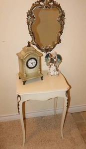 lot 91 image: Vintage Victorian Home Accents Side Accent Table, Framed Ornate Mirror, Capodimonte Covered Dish Etc.