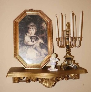 lot 95 image: Vintage Victorian Home Accents Wall Shelf, Framed Print, Candelabra