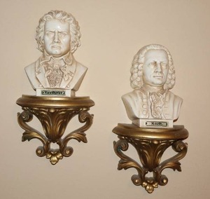 lot 96 image: Vintage Victorian Home Accents Statuary Wall Sconce Shelves wBeethoven Bach Busts