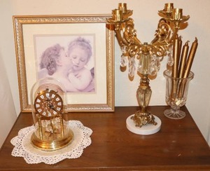 lot 113 image: Vintage Victorian Home Accents Tabletop Decor Anniversary Glass Dome Clock, Candelabra Etc.
