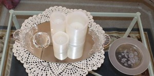 lot 124 image: Vintage Victorian Home Accents Tabletop Decor BO Candle Set, Glass Dresser Mirror, Doilie Etc.