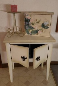 lot 127 image: Vintage Victorian Home Accents Hand Painted Accent Table, Kleenex Box Etc