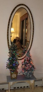 lot 129 image: Vintage Tall Oval Syroco Ornate Wall Mirror, Lighted Trees and Bench