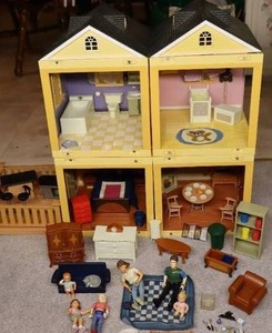 lot 134 image: Vintage Dollhouse Laura Ashley Room By Room By JazWares Four-Room wPatio, Multiple Characters, Furniture and Accessories