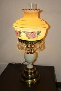 lot 137 image: Vintage Victorian Home Accents Hand Painted Glass Shade Brass Porcelain Prism Table Lamp