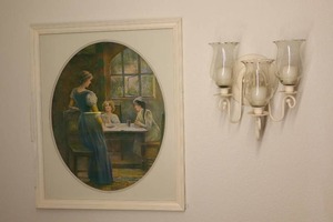 lot 141 image: Vintage Victorian Home Accents Wall Decor Framed Print, Wall Sconce Candelabra