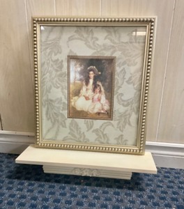 lot 72 image: Vintage Victorian Wall Decor Victorian Framed Art Sisters By Artist R.E. Morrison Matted Print in Gold Frame, Shelf and Syroco Rose Plaque.