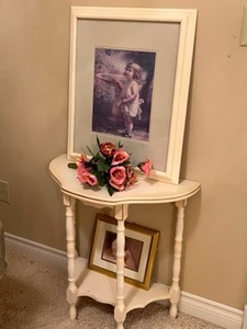 lot 10 image: Vintage Victorian Home Decor Accent Table, Framed Wall Art My Bluebird Etc.