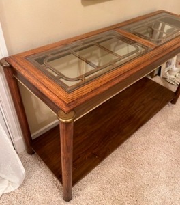 lot 109A image: 1980s Sofa-Back Console Table Antiqued-Brass Accents wRemoval Glass Tops