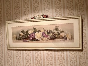 lot 167 image: Vintage Paul de Longpre Yard Long Print White Roses Lavender Flowers, Cherub Decor