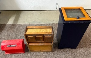 lot 187 image: Hinged CASE IH Wood Box, Wood Garbage Bin Lidded Box Etc.