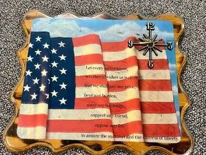 lot 1C image: Vintage and RARE...JFK 1961 Inaugural Speech Quote on Lacquered Flag Clock...