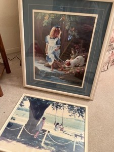 lot 172 image: Vintage Victorian Wall DeCor Framed Art Apron Strings A Girl and Her Dog Springer