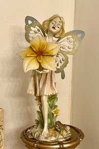 lot 2 image: Garden Fairy Statue wMetal WingsFlower and Ten Fingers & Ten Toes on Ceramic Pedestal