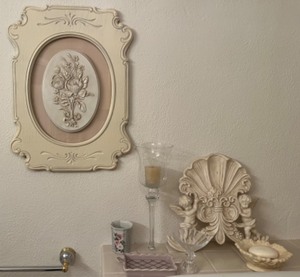 lot 82 image: Victorian Custom Floral Wall Art, Cherub Plaque, Glass Votive Home Decor Etc.