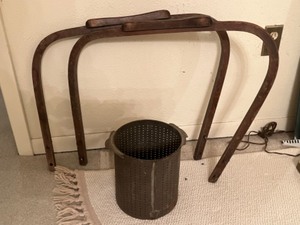 lot 198 image: Antique 4-Quart Cast Iron Lard Press Insert, Chair Arm Rest Parts