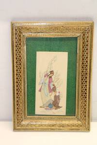 lot 8 image: Framed Vintage Art Piece - Elegant Scene with Woman and Elderly Man
