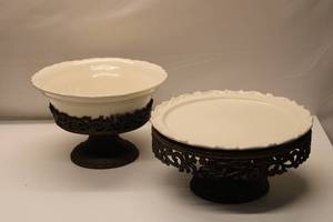 lot 16 image: Set of 2 Antique Cake Stands with Ceramic Tops - Ornate Metal Bases