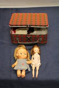 lot 31 image: Collection of Vintage Dolls and Accessories in Plaid Storage Box