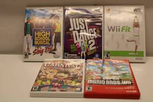 lot 53 image: Lot of 5 Nintendo Wii Games - High School Musical Sing It, Just Dance 2, Wii Fit, Carnival Games, New Super Mario Bros. Wii