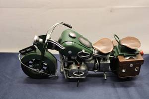 lot 69 image: Vintage Metal Motorcycle Model with Sidecar - Unique Collectible