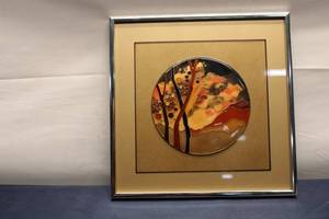 lot 123 image: Framed Wall Art - Circular Metal Plaque with Abstract Landscape