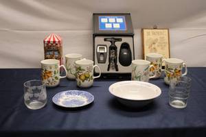 lot 177 image: Variety Lot of Kitchen Items Set of 6 Mugs, Corkscrew Set, Vintage Dishes, Decorative Wall Art