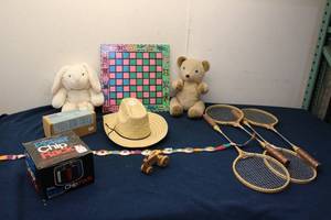 lot 202 image: Assortment of Vintage Toys and Accessories - Plush Toys, Poker Chip Rack, Badminton Rackets, Cast Iron Tow Truck