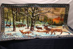 lot 211 image: Vintage Tapestry Wall Hanging with Deer in Snowy Forest Scene
