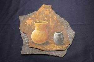lot 212 image: Unique Hand-Painted Artwork on Slate - Abstract Pots Design by Patt Yazzie