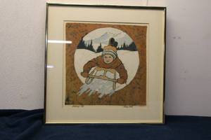 lot 226 image: Framed 1930 Gladys Hall Sledding Print - Vintage Winter Scene