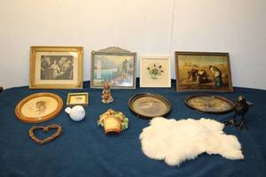 lot 237 image: Mixed Lot of Vintage Decorative Items - Framed Art, Figurines, and Decorative Pieces