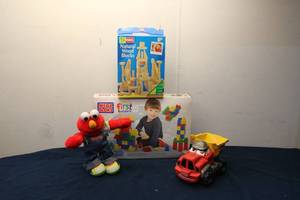 lot 266 image: Assortment of Kids Toys - Elmo Plush, Mega Bloks, and Wood Building Blocks